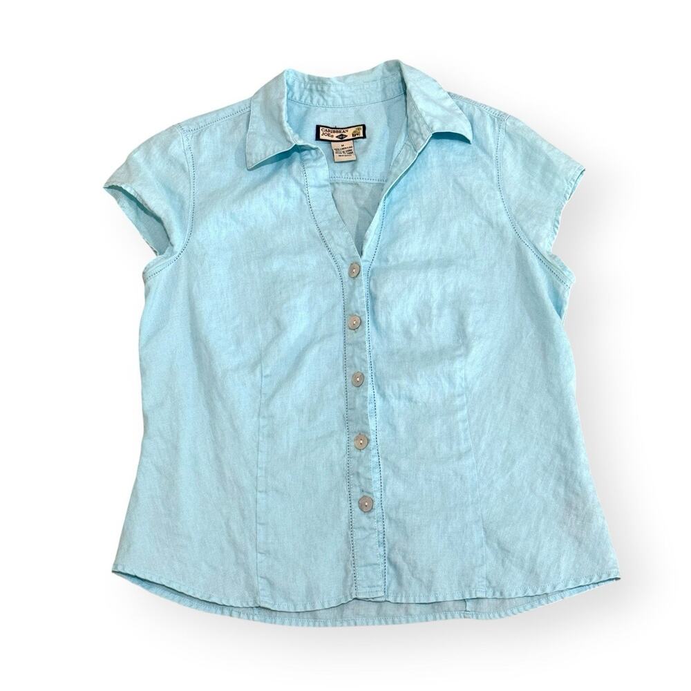 Caribbean Joe Linen Button Down Shirt Top M Light Blue Aqua Short Sleeve Beach
